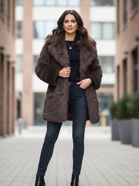Women's Brown Faux-Fur Pea Coat - Plush Winter Jacket